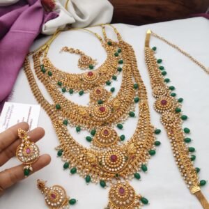 Three layer semi bridal set with green beads