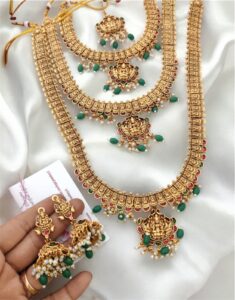 Three layer Lakshmi semi bridal set with green beads