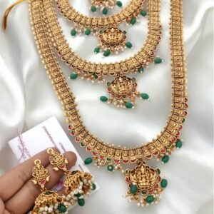 Three layer Lakshmi semi bridal set with green beads