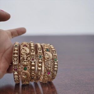 Temple Lakshmi  bangles with peacocks golden set of 6