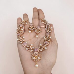 Baby pink cz necklace golden set