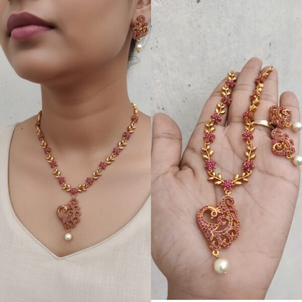 Pink cz peacock necklace ruby