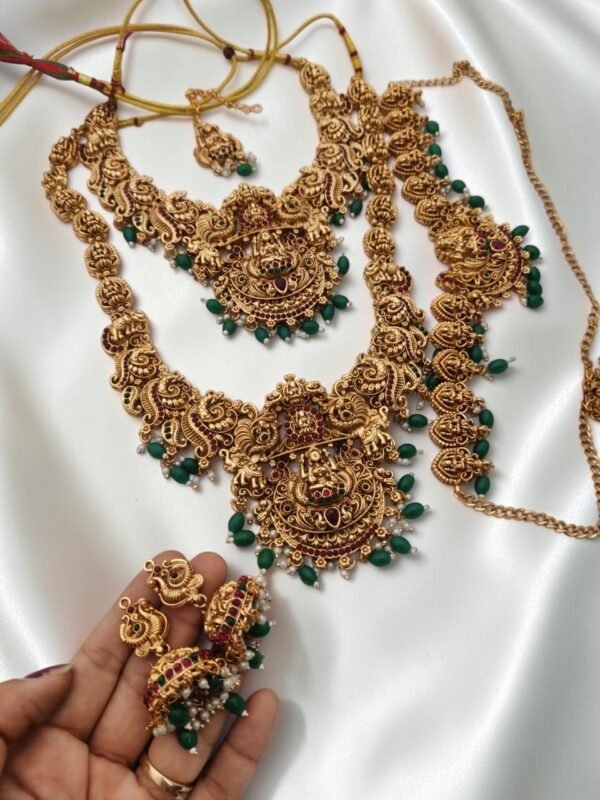 Heavy Lakshmi semi bridal set with green beads